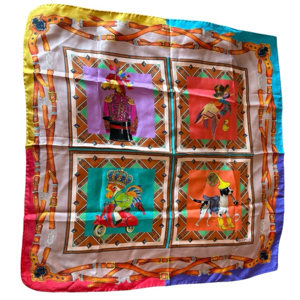 Vintage Rare Etro Dog Cowboy Western 100% Luxury Designer Colorful Silk Scarf OS